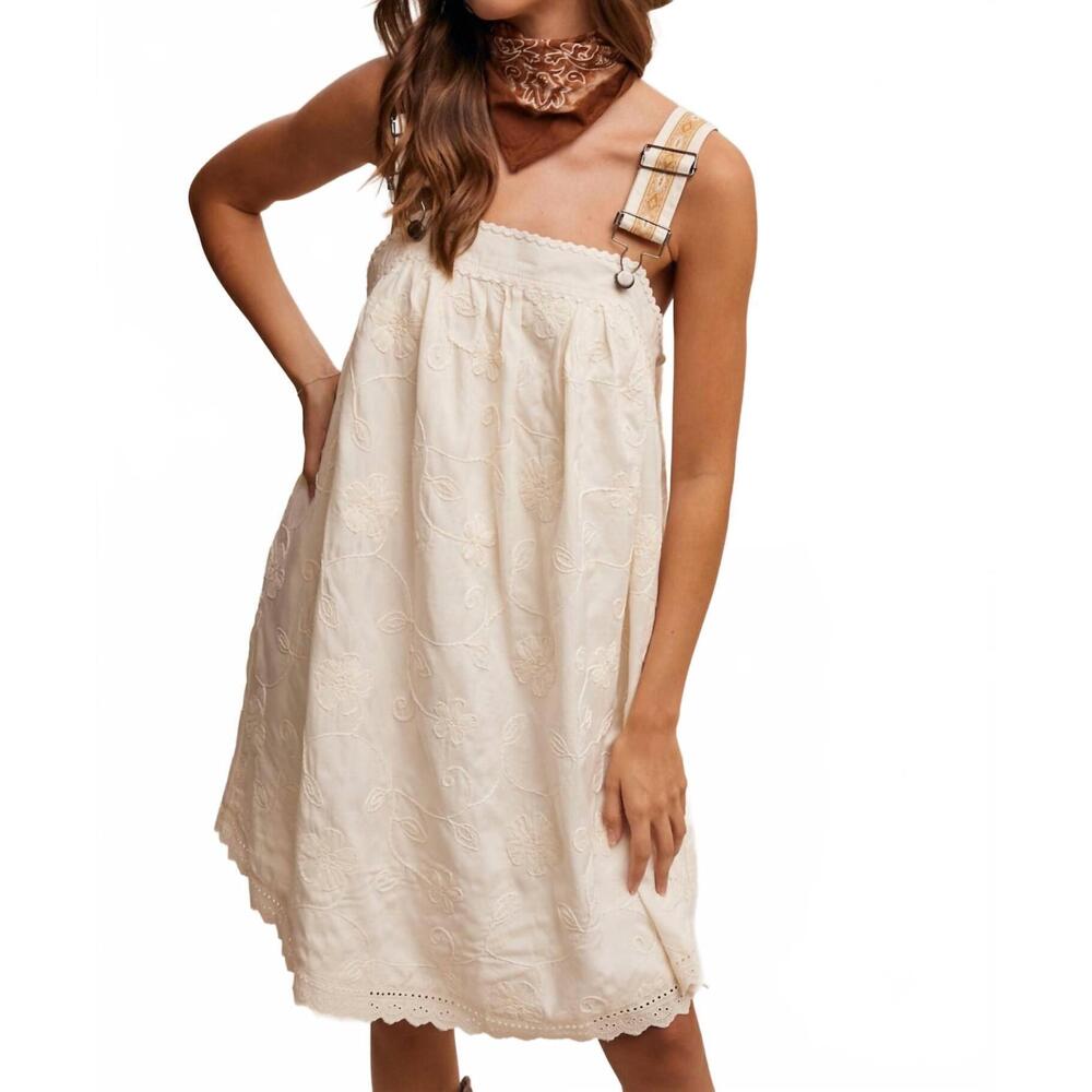 NEW LISTICLE arya embroidered overall mini dress in cream - Picture 7 of 7
